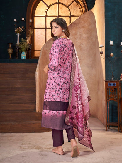 Wine Tropical Printed & Embroidered Cotton Straight Kurta Pant Dupatta Set