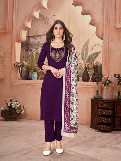 Violet Solid & Embroidered Crepe Straight Kurta Pant Dupatta Set