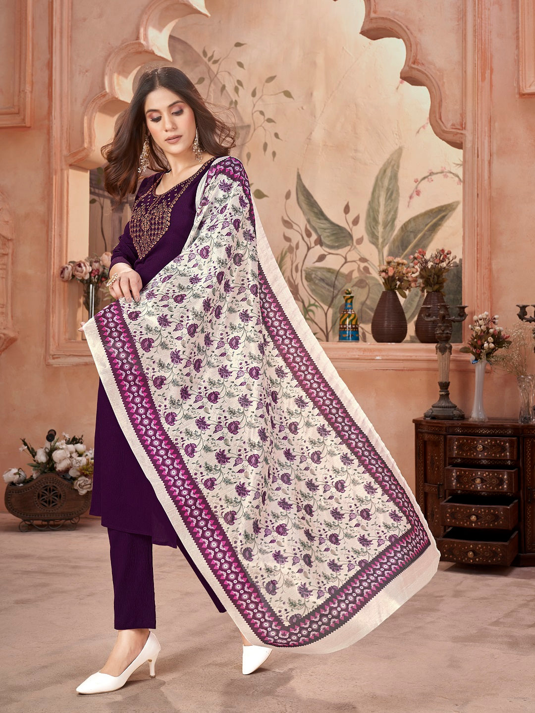 Violet Solid & Embroidered Crepe Straight Kurta Pant Dupatta Set