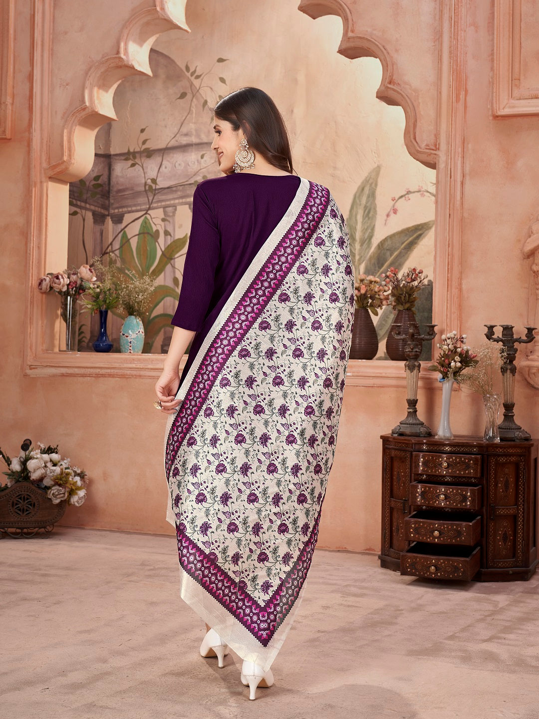 Violet Solid & Embroidered Crepe Straight Kurta Pant Dupatta Set