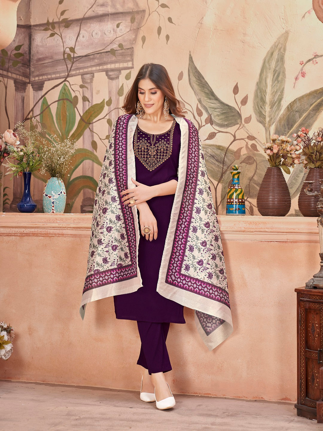 Violet Solid & Embroidered Crepe Straight Kurta Pant Dupatta Set