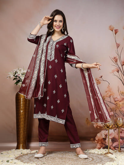 Wine Ethnic Motif Khadi Printed & Embroidered Rayon Straight Kurta Pant Dupatta Set