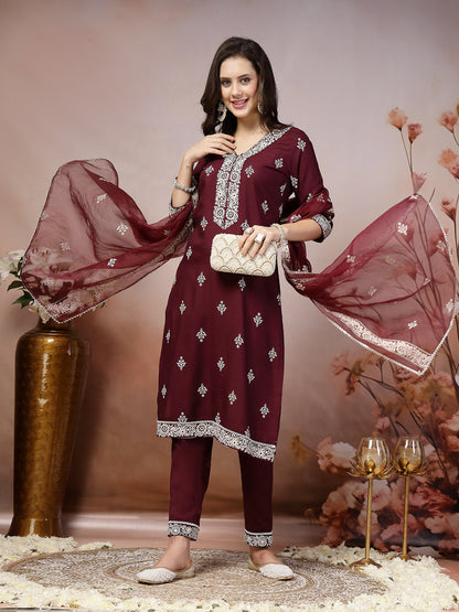 Wine Ethnic Motif Khadi Printed & Embroidered Rayon Straight Kurta Pant Dupatta Set