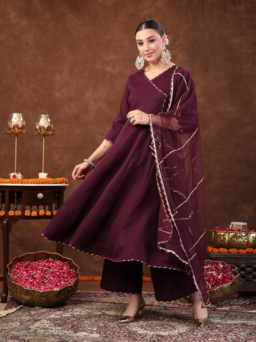 Wine Solid Italian Crush Anarkali Kurta Pant Dupatta Set