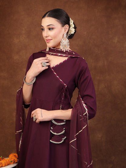 Wine Solid Italian Crush Anarkali Kurta Pant Dupatta Set