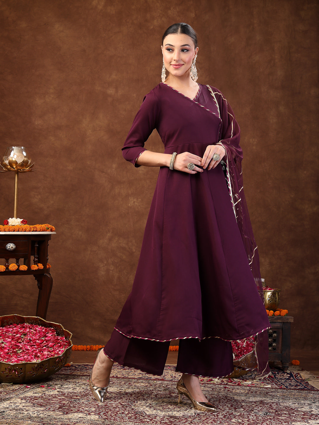 Wine Solid Italian Crush Anarkali Kurta Pant Dupatta Set