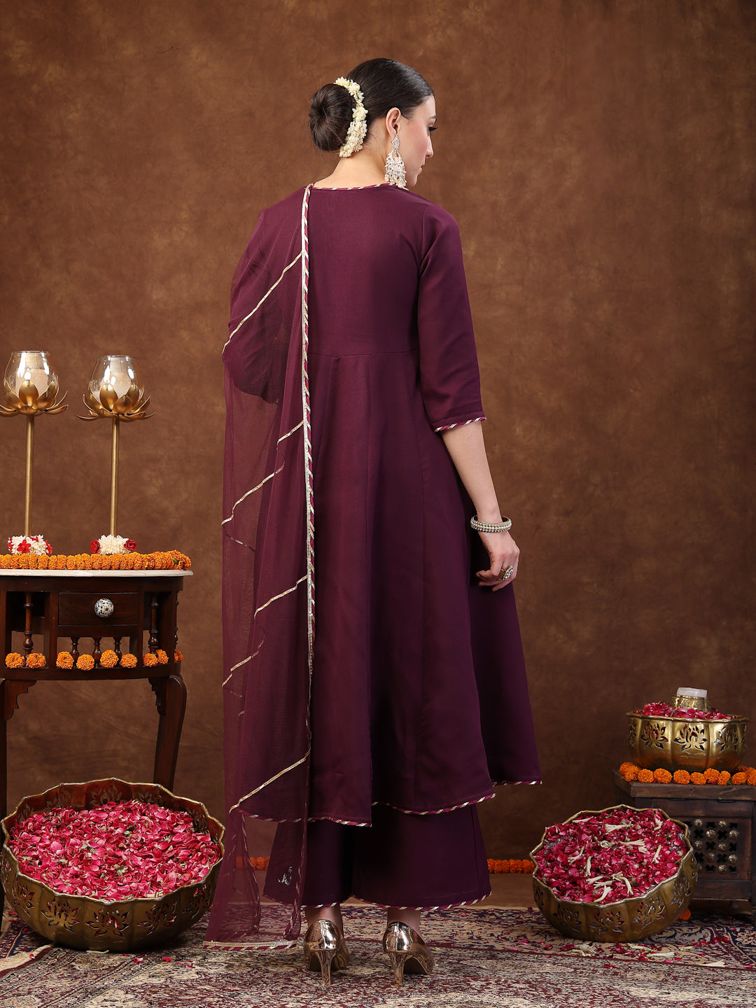 Wine Solid Italian Crush Anarkali Kurta Pant Dupatta Set