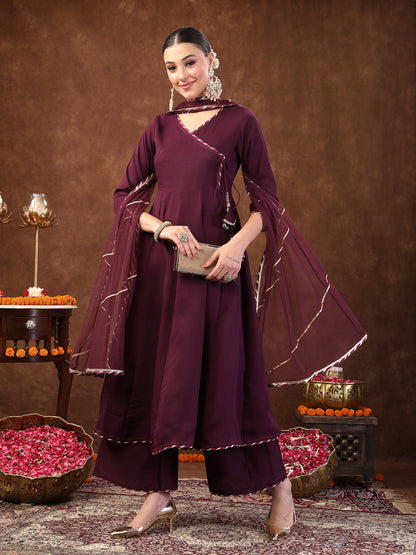 Wine Solid Italian Crush Anarkali Kurta Pant Dupatta Set