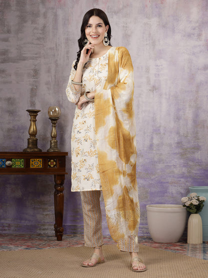 Yellow Tropical Printed Cotton Blend Straight Kurta Pant Dupatta Set