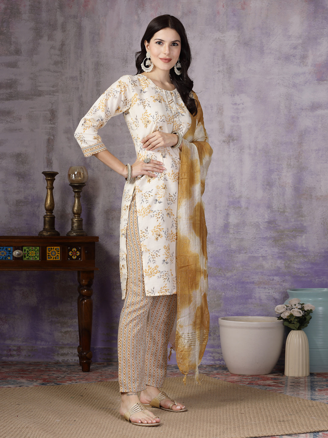 Yellow Tropical Printed Cotton Blend Straight Kurta Pant Dupatta Set