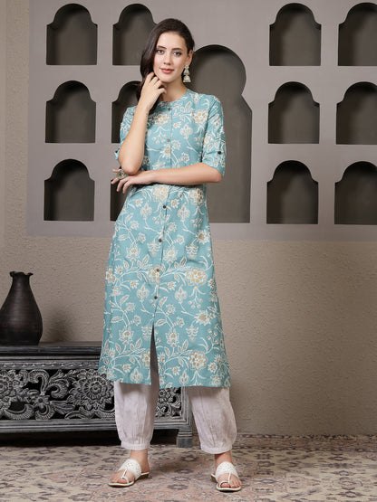 Aqua Floral Printed Rayon A-Line Kurta Pant Set