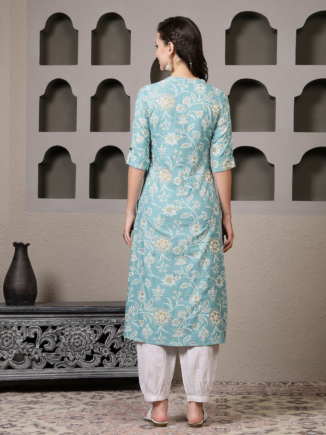 Aqua Floral Printed Rayon A-Line Kurta Pant Set