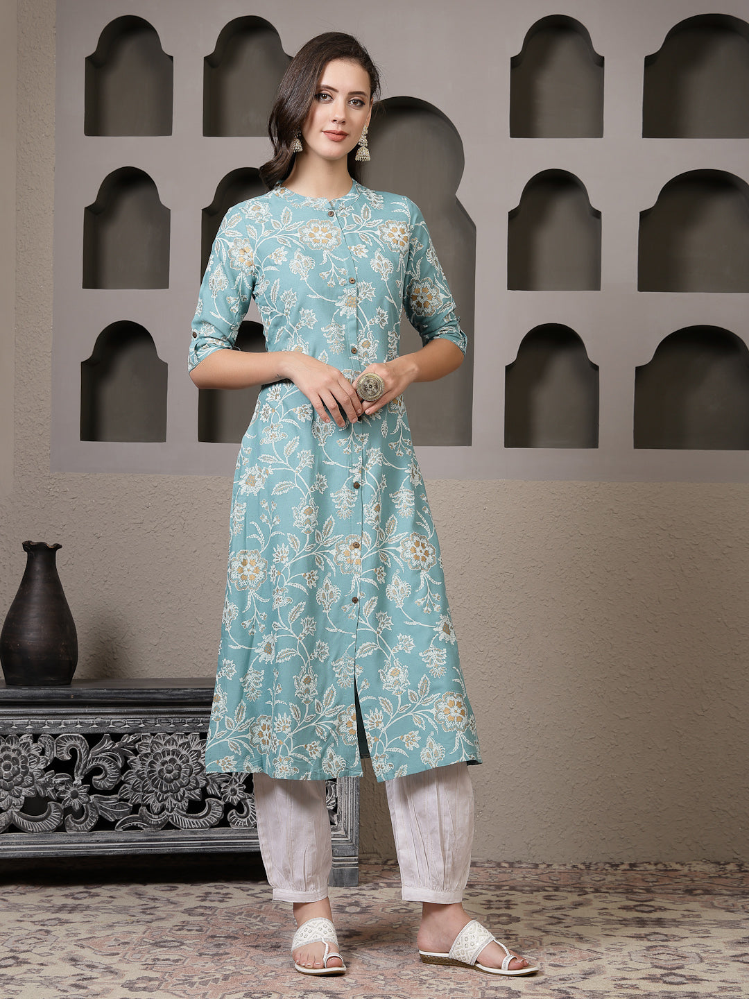 Aqua Floral Printed Rayon A-Line Kurta Pant Set