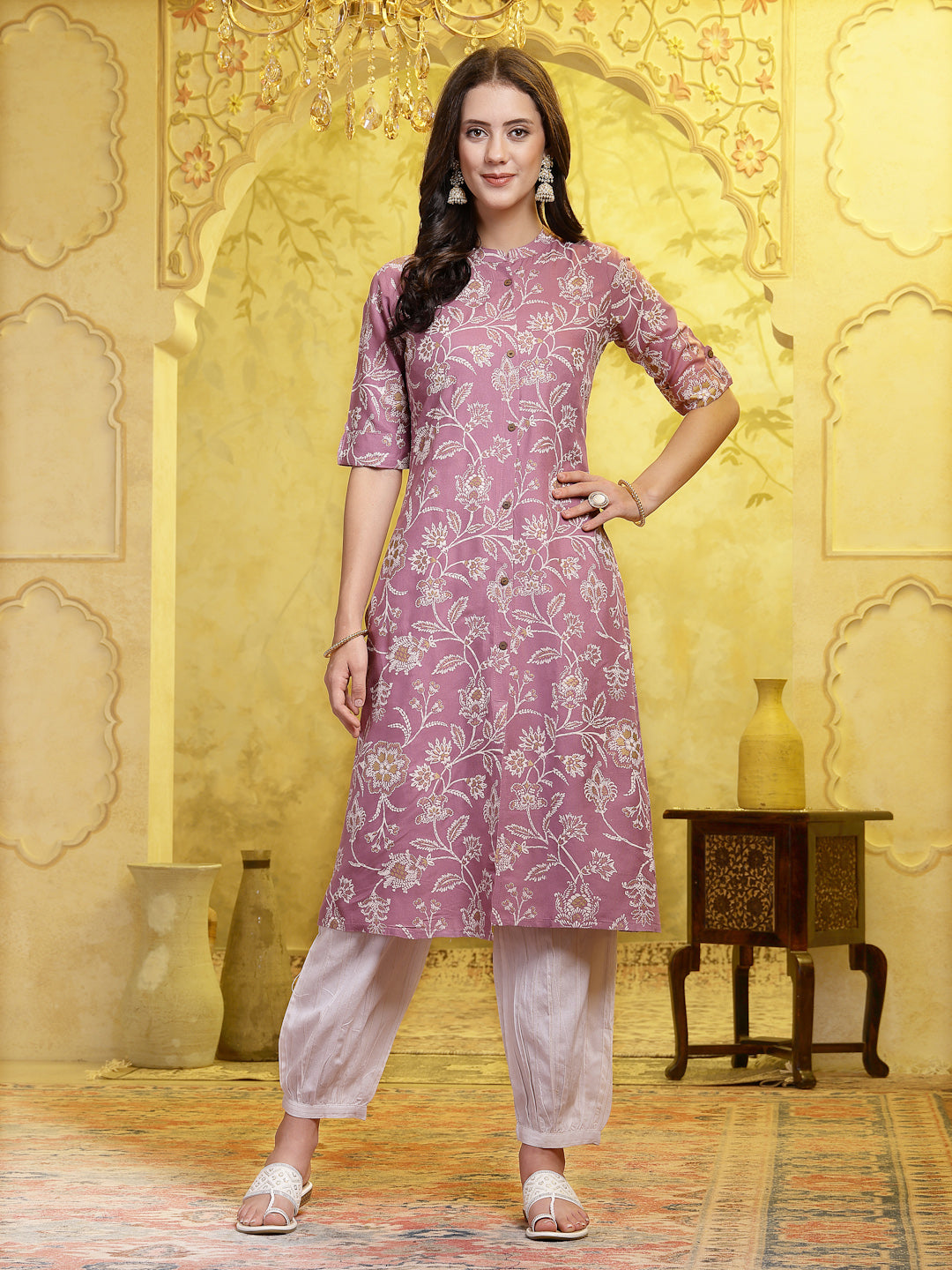 Mauve Floral Printed Rayon A-Line Kurta Pant Set