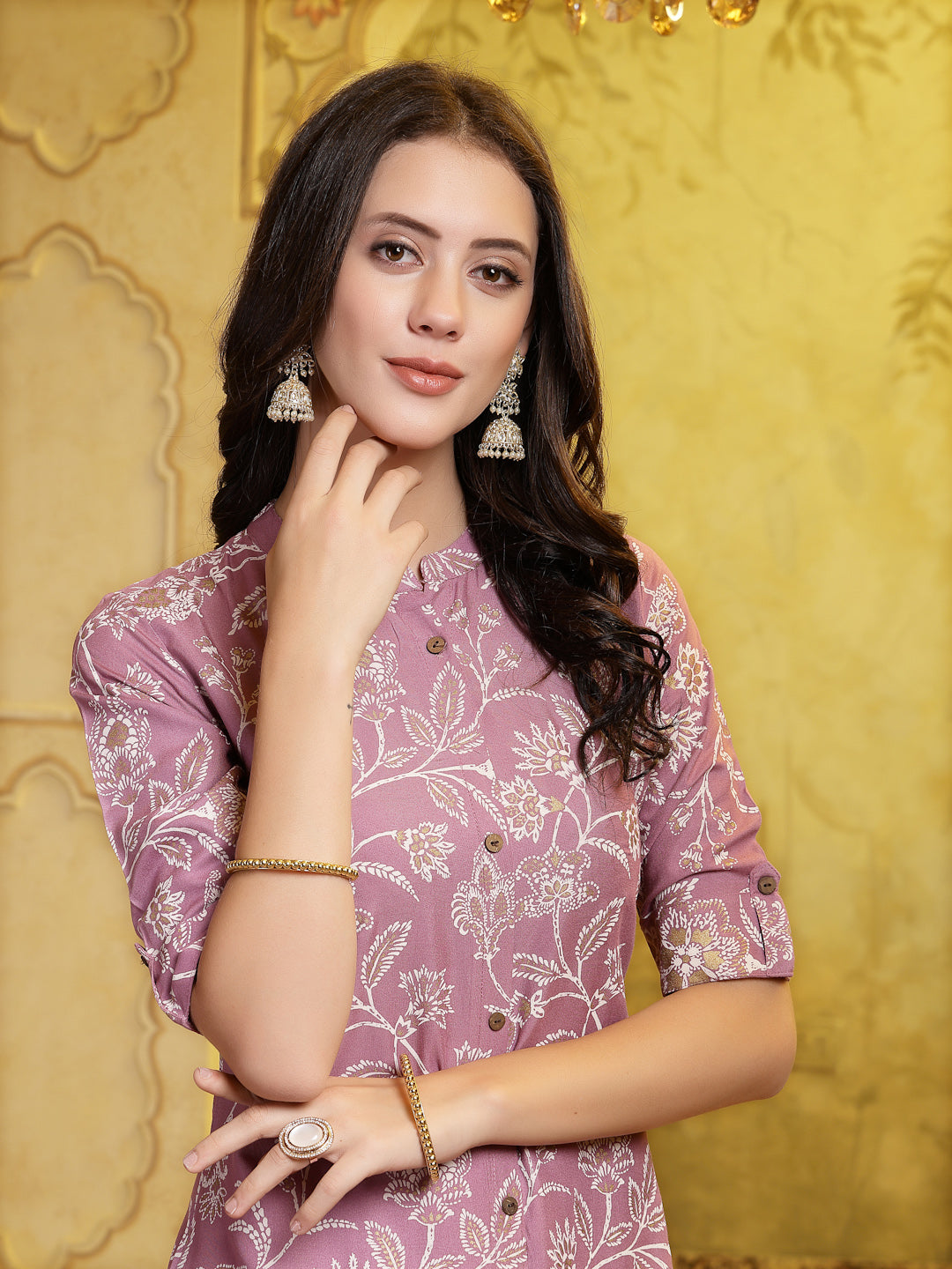 Mauve Floral Printed Rayon A-Line Kurta Pant Set