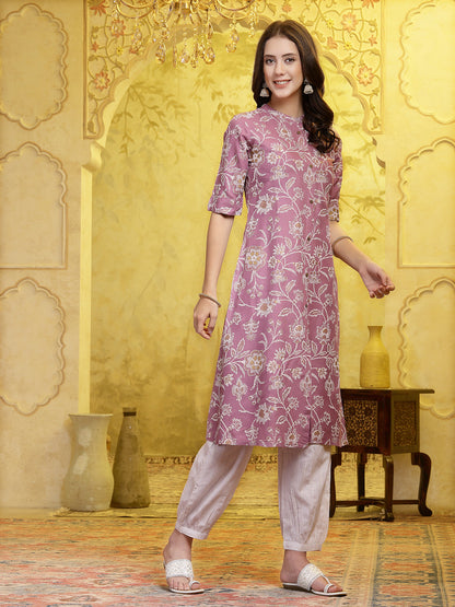 Mauve Floral Printed Rayon A-Line Kurta Pant Set