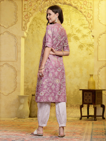 Mauve Floral Printed Rayon A-Line Kurta Pant Set