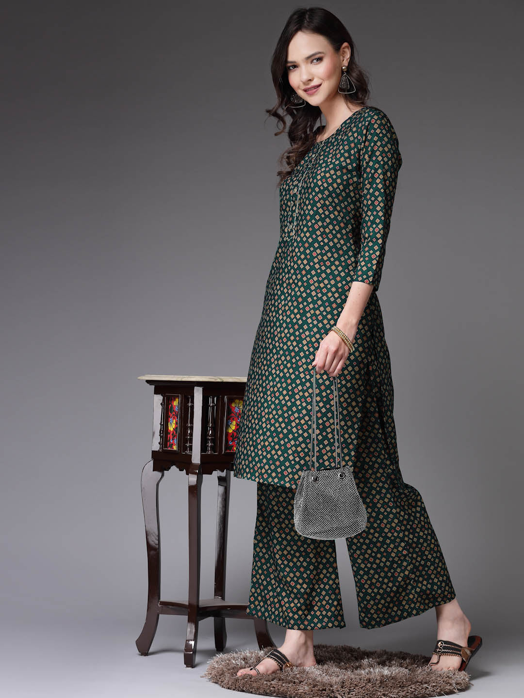 Printed Poly Crepe Straight Kurta Palazzo Set