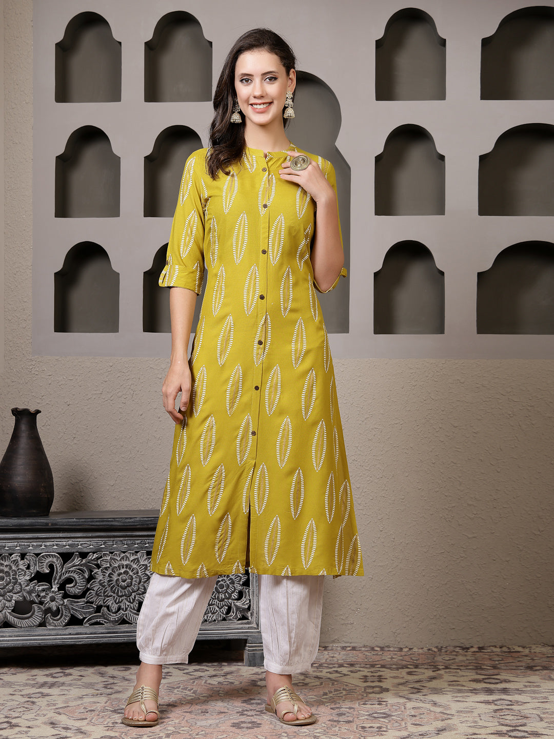 Mustard Printed Rayon A-Line Kurta Pant Set