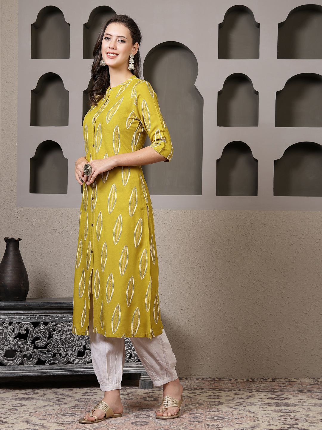 Mustard Printed Rayon A-Line Kurta Pant Set