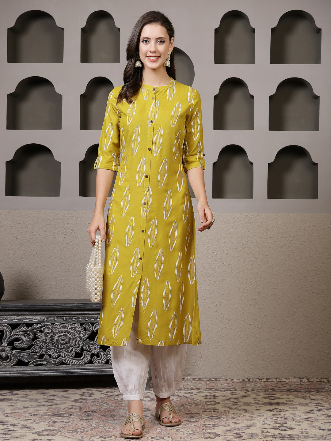 Mustard Printed Rayon A-Line Kurta Pant Set