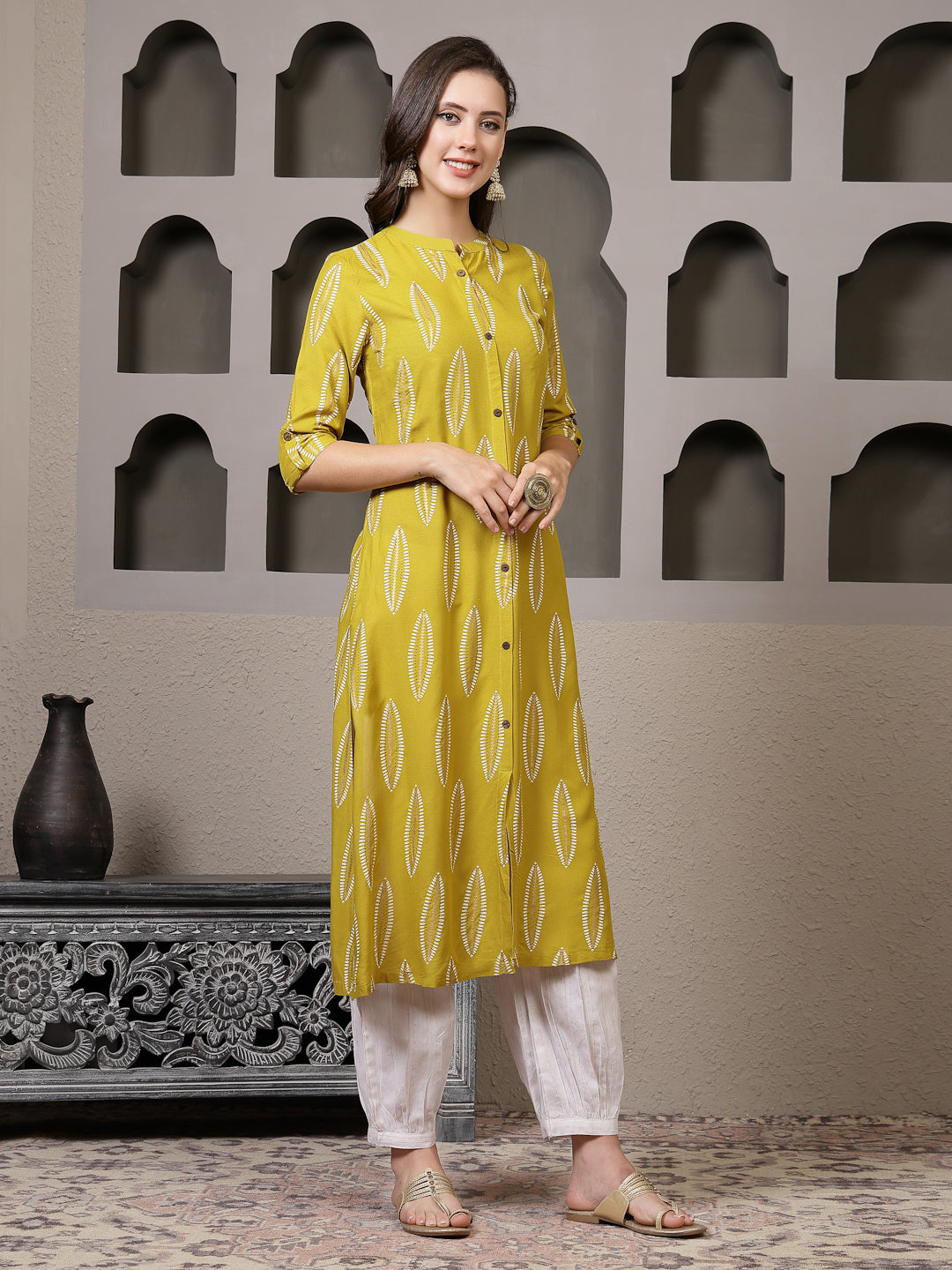 Mustard Printed Rayon A-Line Kurta Pant Set