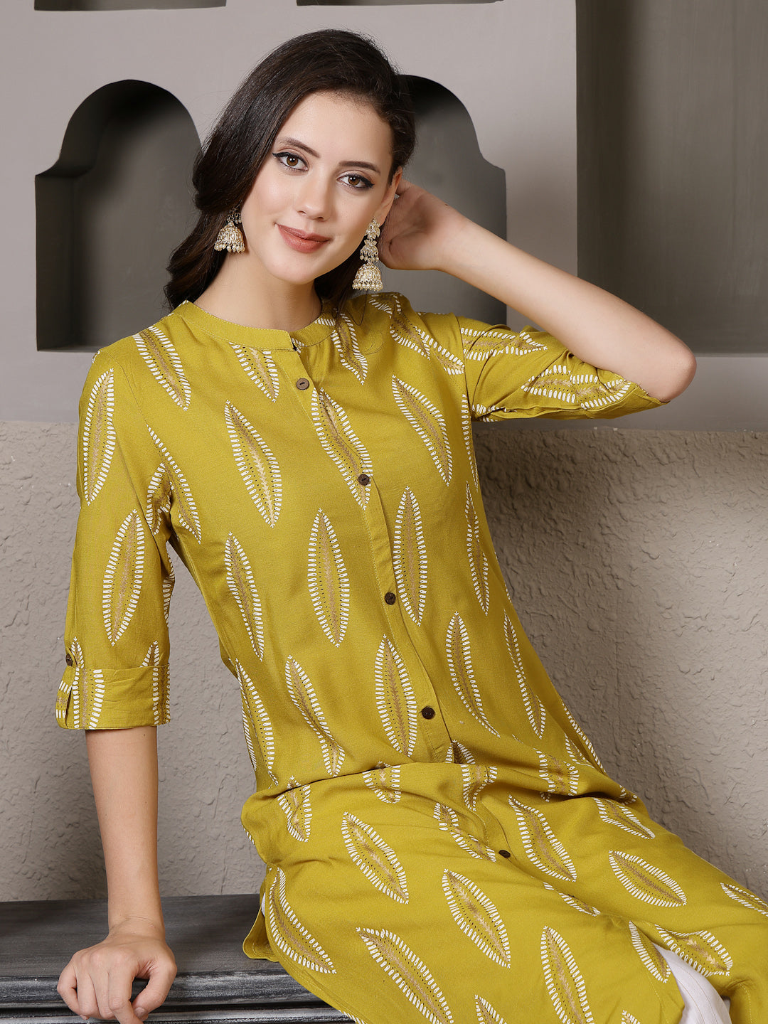 Mustard Printed Rayon A-Line Kurta Pant Set