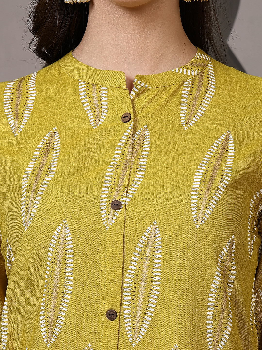 Mustard Printed Rayon A-Line Kurta Pant Set