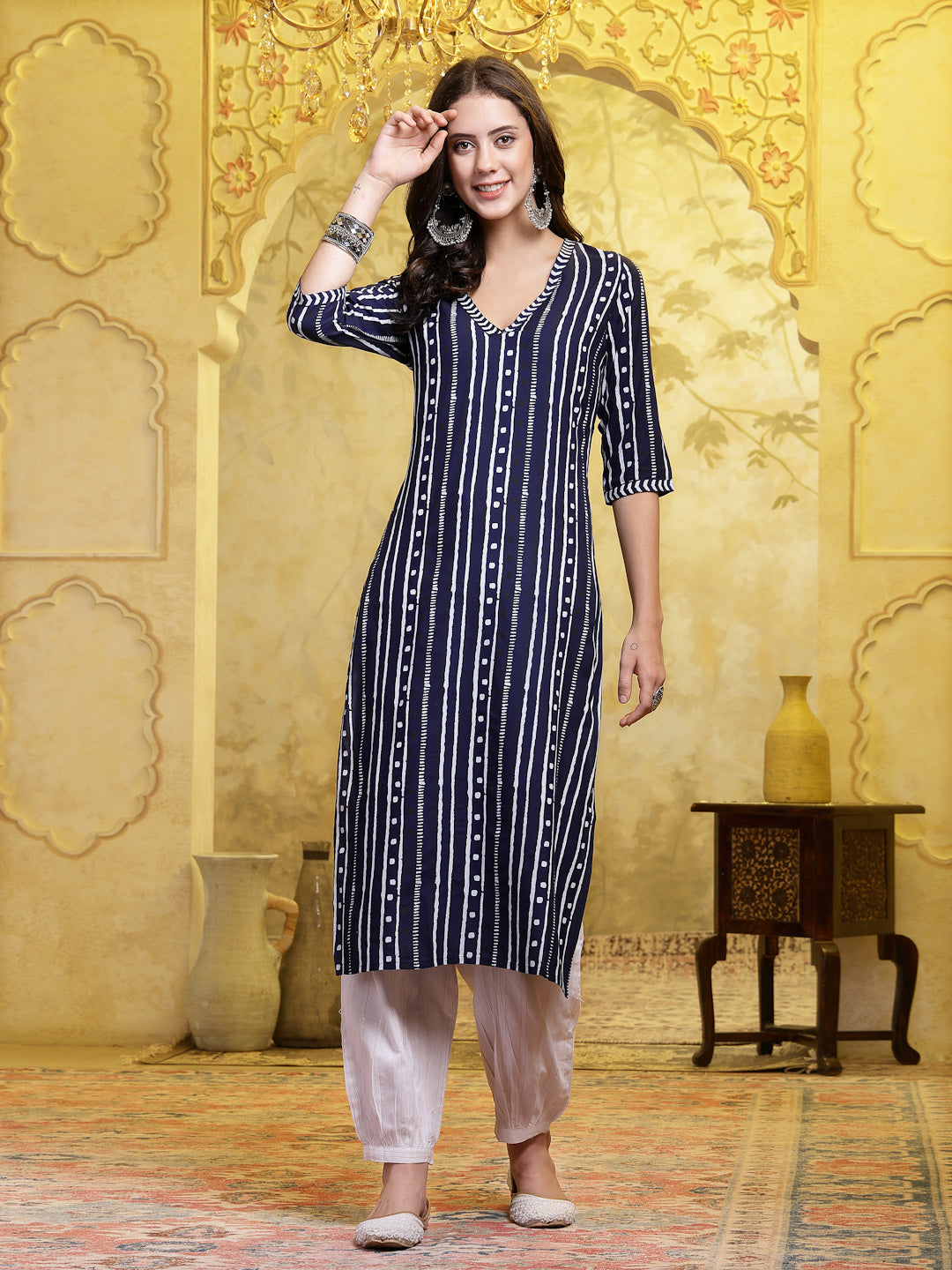 Navy Blue Printed Rayon Straight Kurta Pant Set