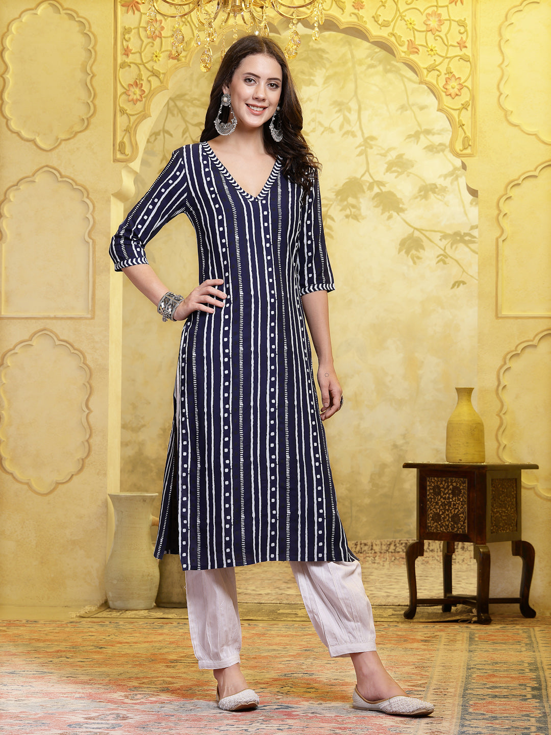 Navy Blue Printed Rayon Straight Kurta Pant Set