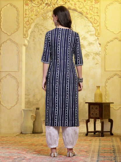 Navy Blue Printed Rayon Straight Kurta Pant Set