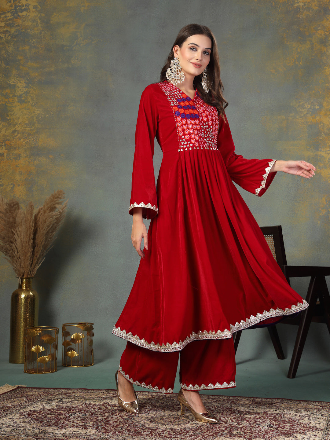 Pink Solid & Embroidered Velvet Anarkali Kurta Palazzo Set