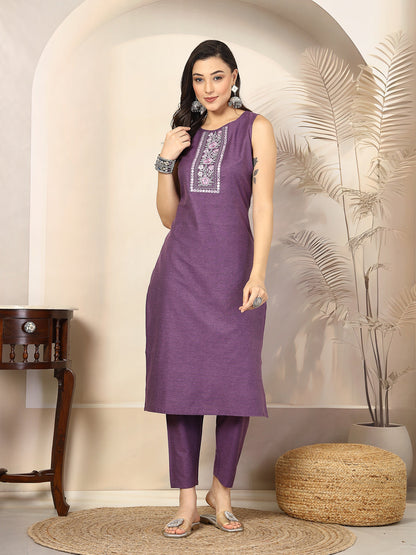 Embroidered Cotton Blend Straight Kurta Pant Set