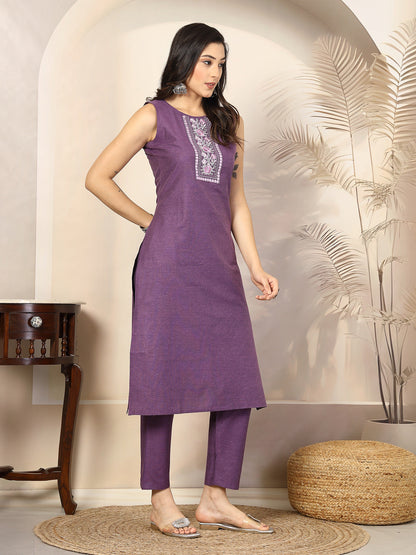 Embroidered Cotton Blend Straight Kurta Pant Set