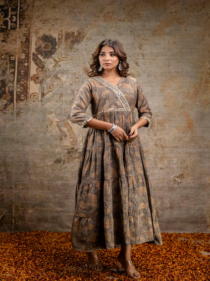 Brown Floral Printed V-Neck Muslin Gown Dress