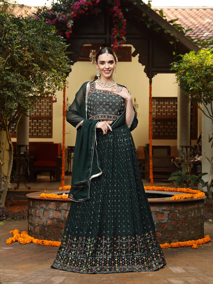 Green Embroidered Georgette Lehenga & Blouse with Dupatta