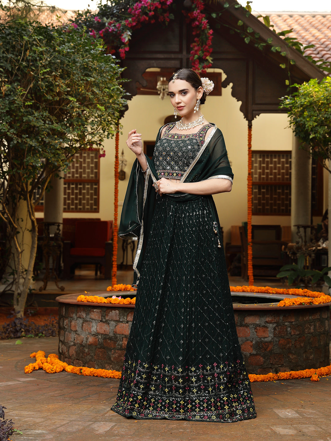 Green Embroidered Georgette Lehenga & Blouse with Dupatta