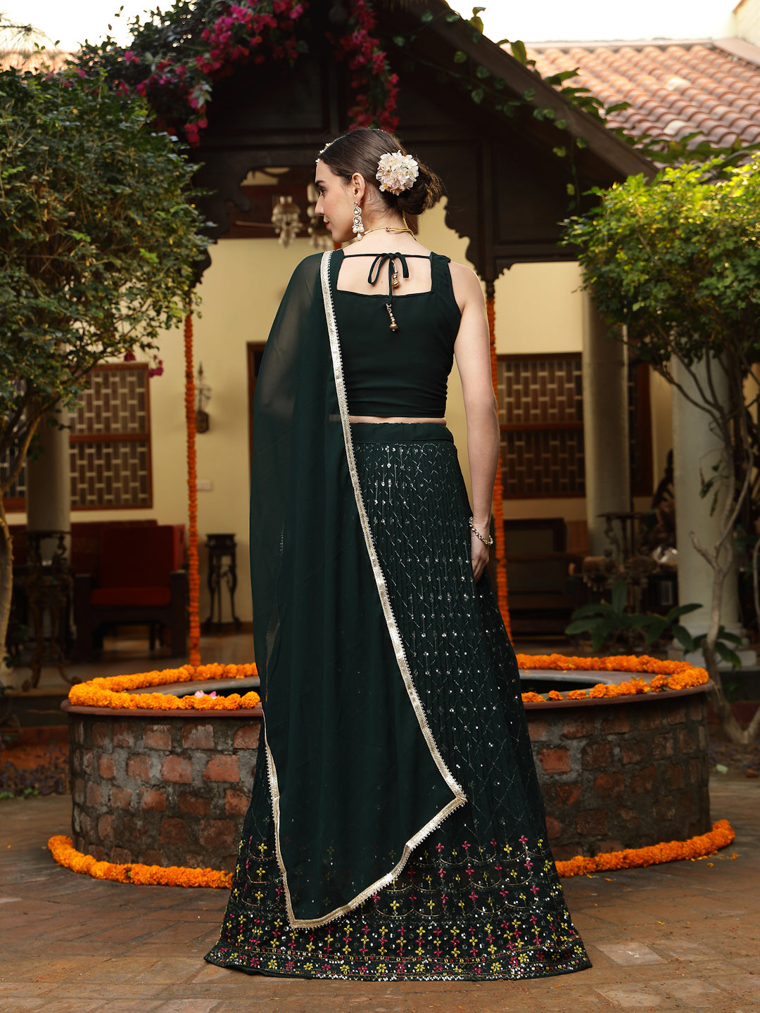 Green Embroidered Georgette Lehenga & Blouse with Dupatta