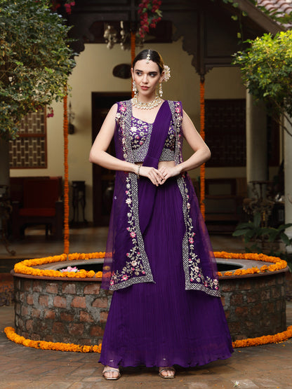 Purple Printed & Embroidered Georgette Draped Lehenga Saree & Blouse with Shrug