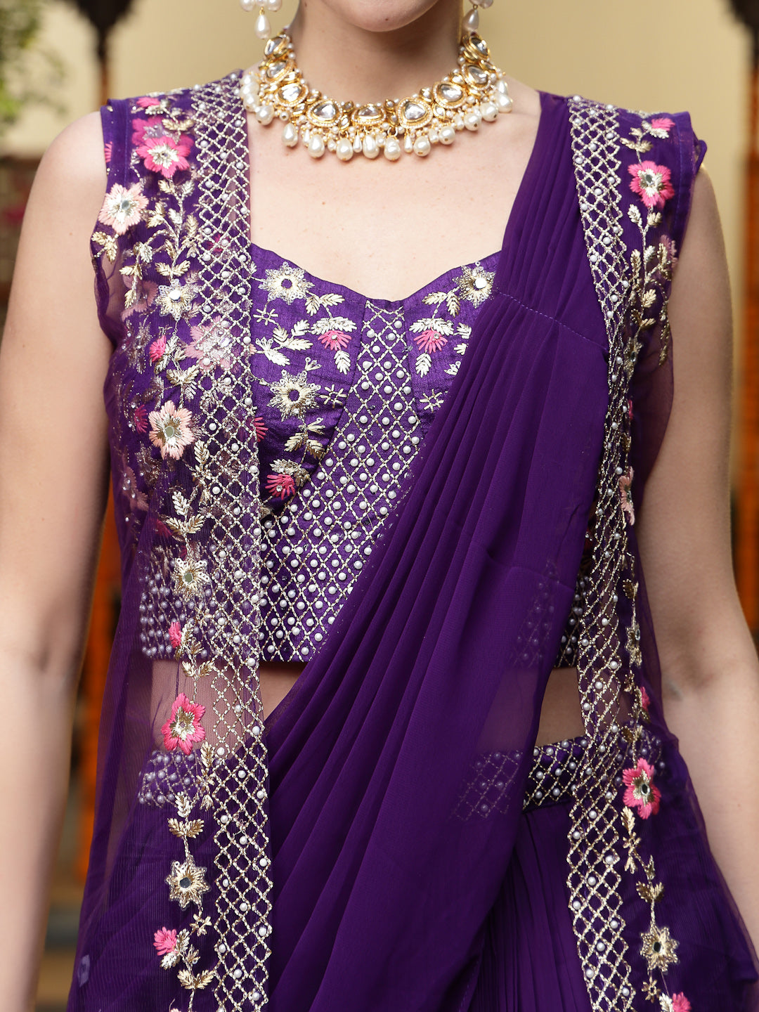 Purple Printed & Embroidered Georgette Draped Lehenga Saree & Blouse with Shrug