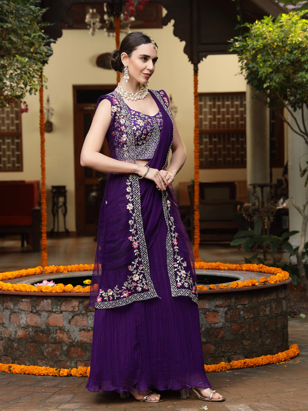 Purple Printed & Embroidered Georgette Draped Lehenga Saree & Blouse with Shrug