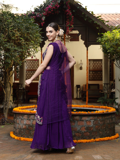 Purple Printed & Embroidered Georgette Draped Lehenga Saree & Blouse with Shrug