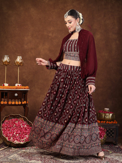 Wine Ethnic Motif Printed Georgette Lehenga & Blouse