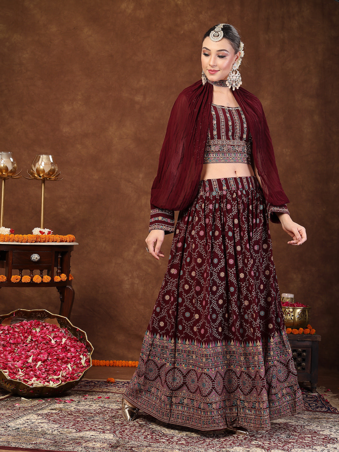 Wine Ethnic Motif Printed Georgette Lehenga & Blouse