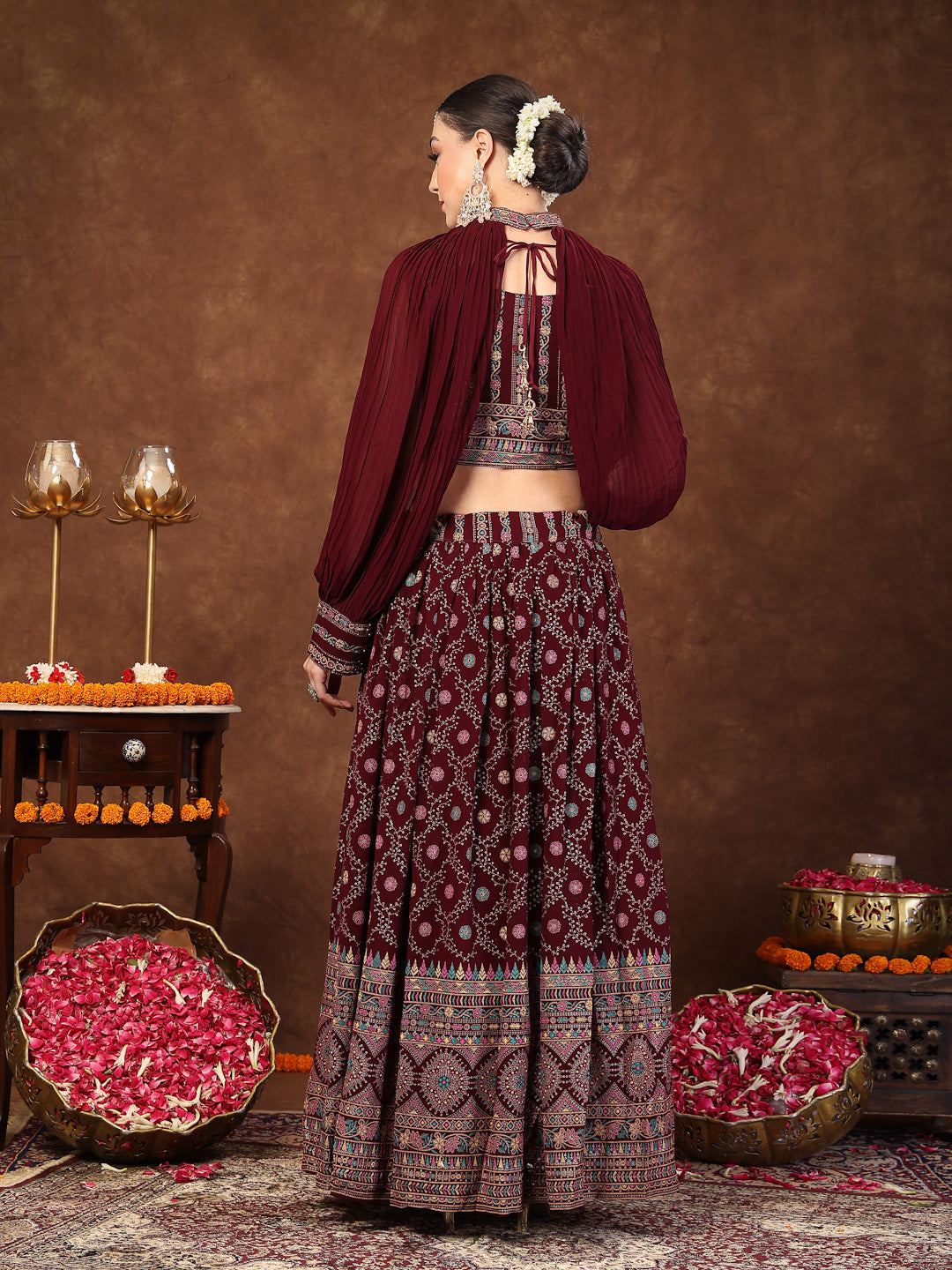 Wine Ethnic Motif Printed Georgette Lehenga & Blouse