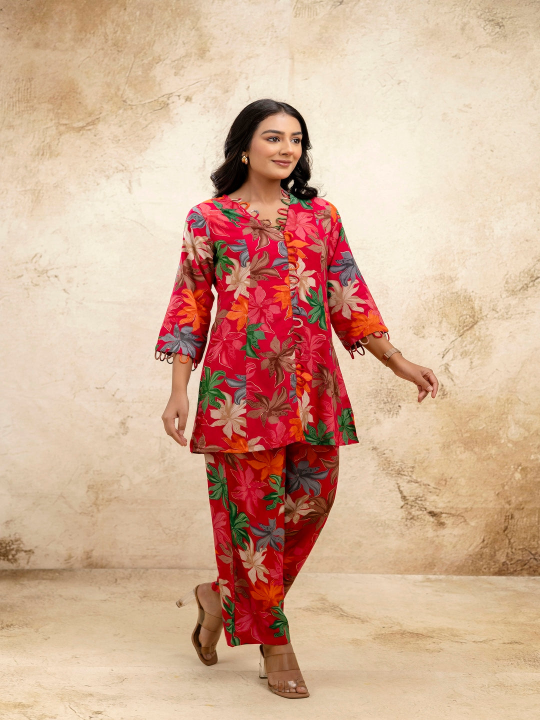 Red Printed V-Neck Three-Quarter Sleeves Top & Trouser