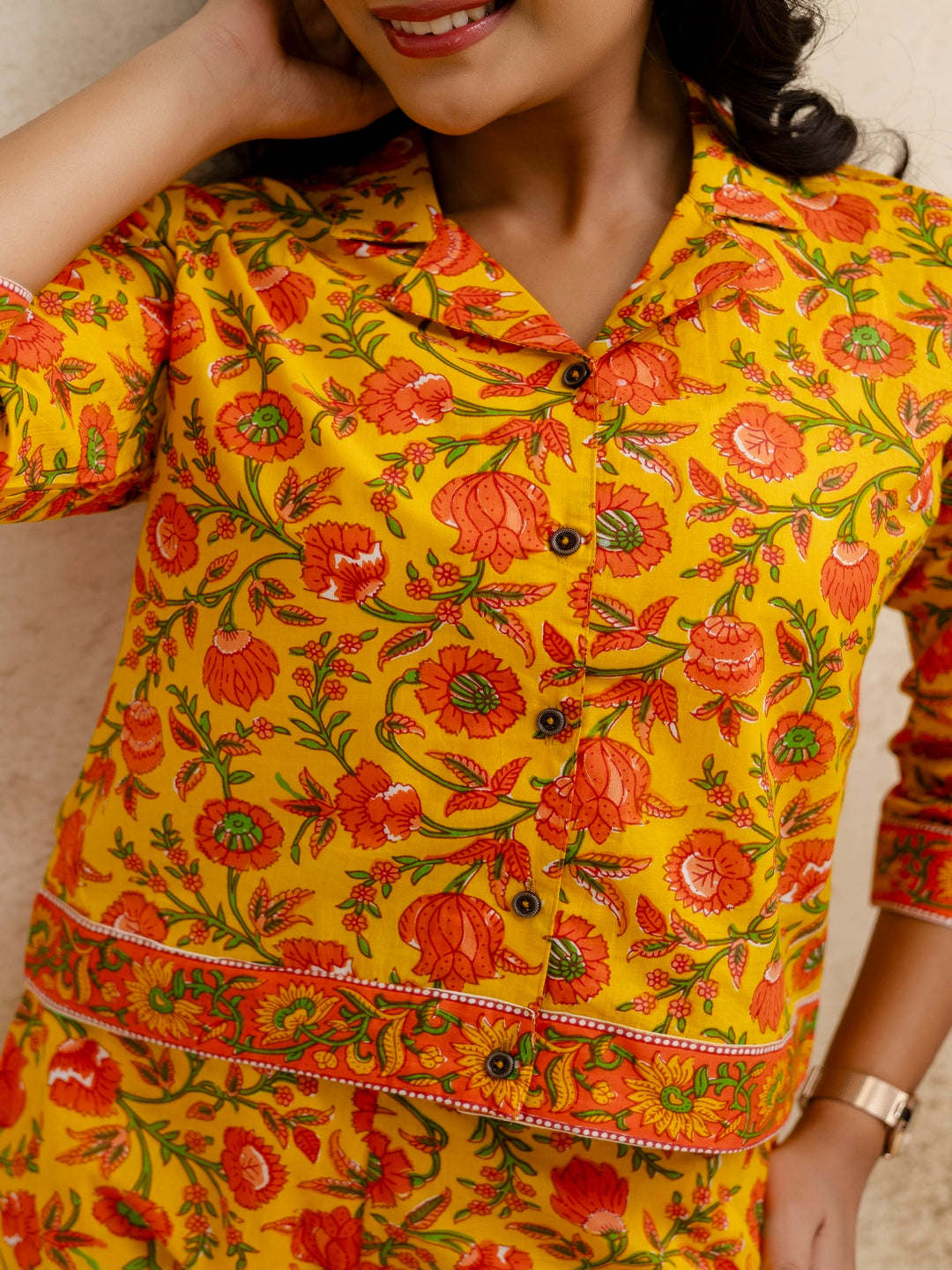 Yellow Printed Shirt Collar Three-Quarter Sleeves Top & Trouser