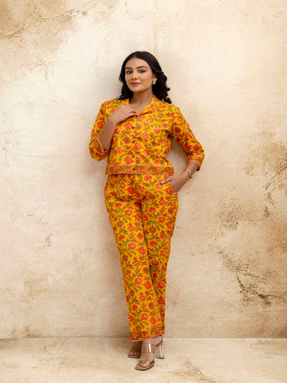 Yellow Printed Shirt Collar Three-Quarter Sleeves Top & Trouser