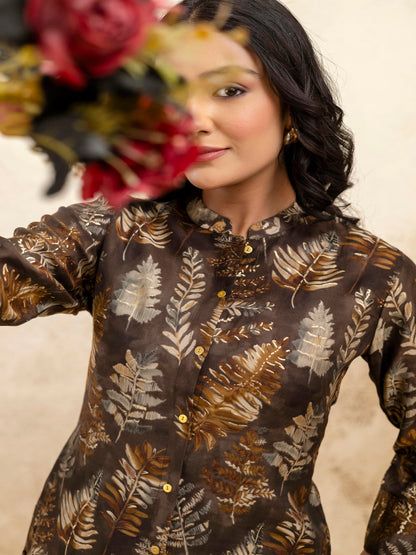 Brown Printed Mandarin Collar Three-Quarter Sleeves Top & Trouser