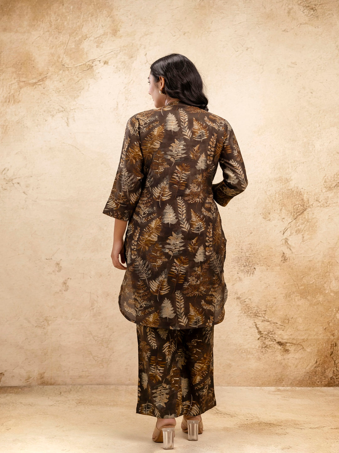 Brown Printed Mandarin Collar Three-Quarter Sleeves Top & Trouser